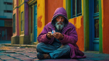 Default_The_homeless_man_stretches_out_his_hand_a_pill_in_his_3