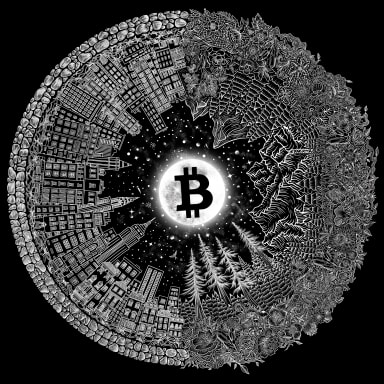 Bitcoin: Moonlit Skies Over Cities and Nature Redeemable T-Shirt with NFT Art 
