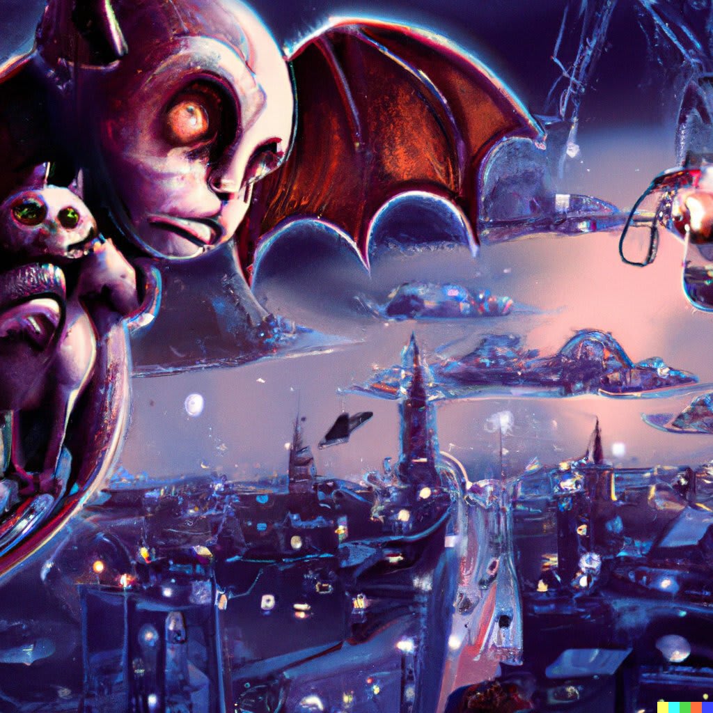 a very sad demon flies over the night city and holds a small kitten in his hands. hyperrealism. #3